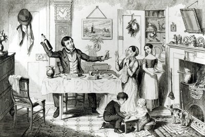 The Bottle, Plate I, The bottle is produced for the first time: the husband induces his wife Just to take a drop, 1847 by George Cruikshank